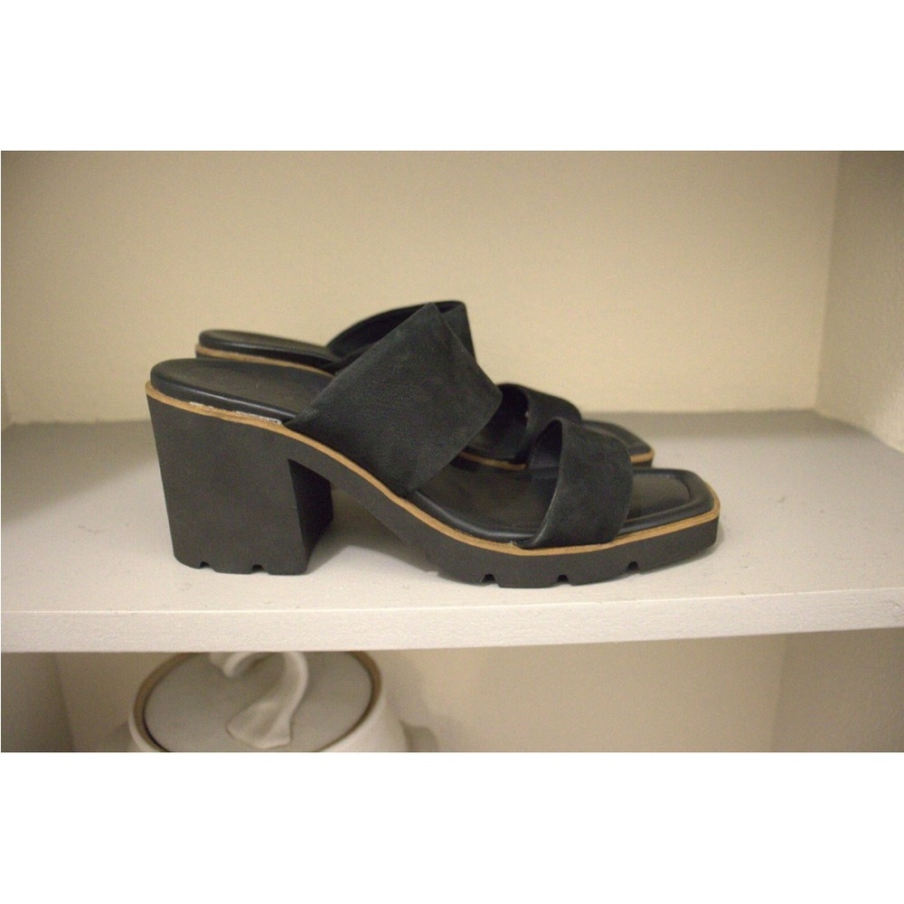 Paul Green Women's Size 5 UK Size 7.5 US Black Leather Slide Sandal Block Heels